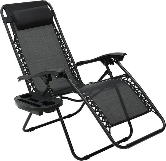 Chaise Longue Pliable De Jardin Avec Appui-tête Et Porte-gobelet - Réglable En Continu, Structure Acier, Housse Textilène