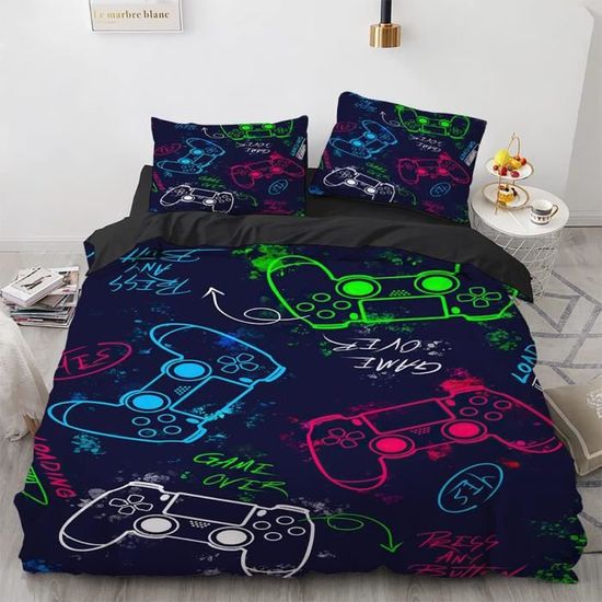 Housse De Couette - Moto - 140x200 Cm - 2 Taies 65x65 Cm - Microfibre Respirante - Impression 3D