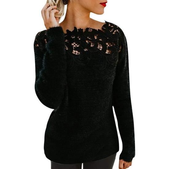 Pull femme hiver dentelle ajouree noir elegant et decontracte Noir Cdiscount Pret a Porter