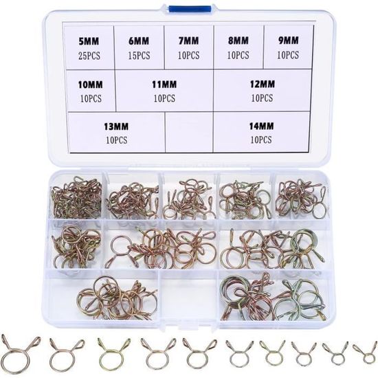 Rybtd Clip à Ressort Tuyau Serre-Joints 100 PCS Collier Durite Essence 6-10mm Collier de Serrage Ajustable 5 Sortes de Tailles pour Fixer Tuyaux Souples et Durites
