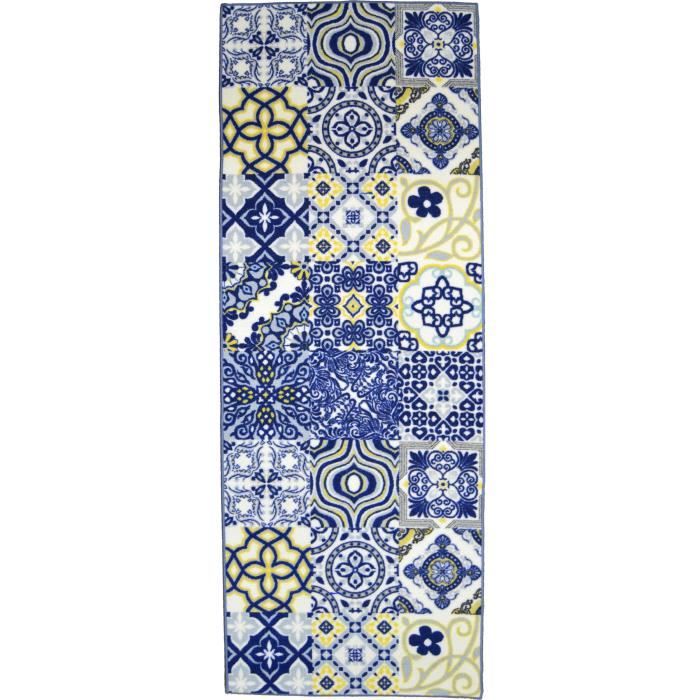 Utopia Tapis De Couloir Carreaux De Ciment 67x180 Cm Bleu Jaune Et Blanc