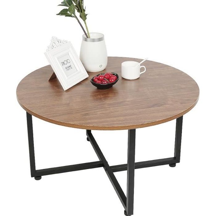 Table Basse De Salon Ronde Industrielle - Style Mid-Century Vintage - Structure En Métal - Noir et Brun