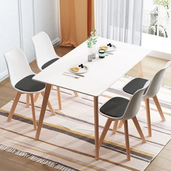 Lot de 4 Chaises Scandinave Design en polypropylène Et pieds en bois massif,Blanc coussin gris, Salle à manger Salon Bureau Chambre