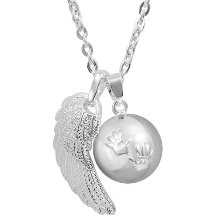 Collier Bola Grossesse - Femme - Aile d'Anges - Petites Empreintes de Mains -Deux Sautoir Chaînes 114cm et 76cm