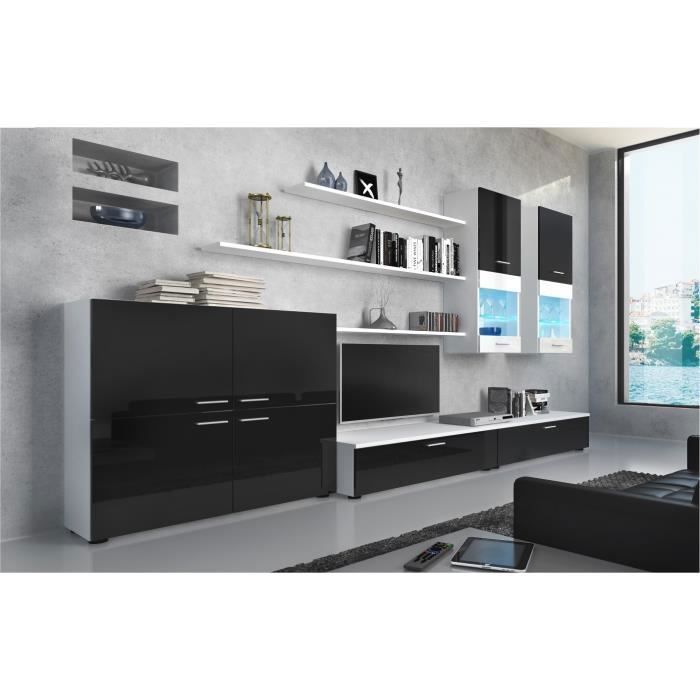 Ensemble de Meubles - Ensemble de séjour avec LEDs contemporain Blanc Mate et Noir Laqué, Dimensions : 300x189x42 cm de profondeur.