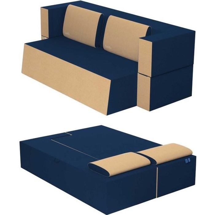 Canapé Lit Praticho Convertible Modulable Réversible 2 places -Tissu dehoussable et lavable Couleur Bleu