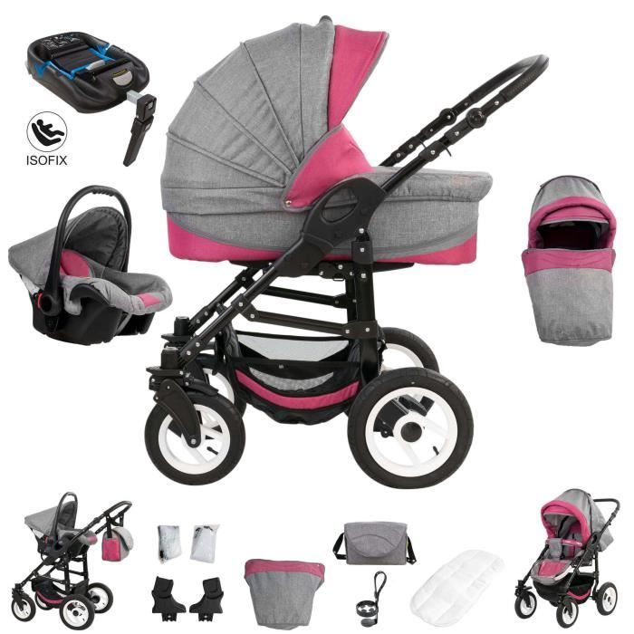 Bebebi Florenz - ISOFIX base & siège d auto - 4 en 1 poussette - roue en gomme dur - Couleur: Davanzati Pink Black