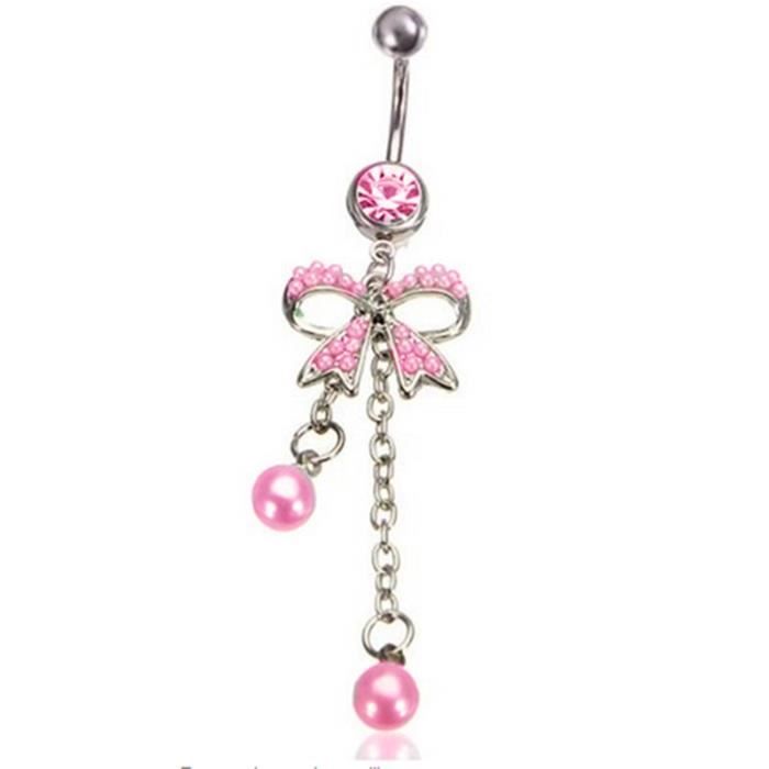 LCC® Piercing de nombril avec cristal et Pendentifs perle noeud papillons Rose Bijoux de corps-acier chirurgical-mode fantaisie