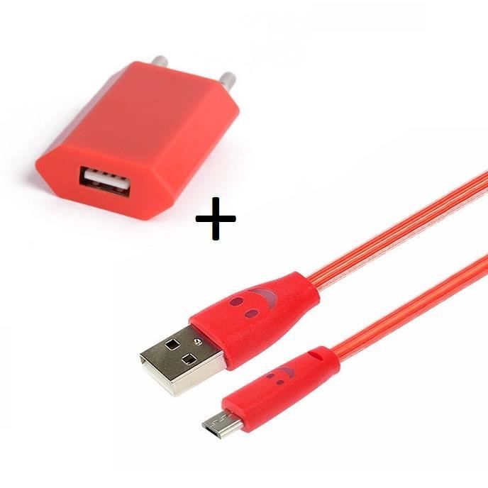 Pack Chargeur pour IPHONE 6/6S Lightning (Cable Smiley LED + Prise Secteur USB) APPLE Connecteur - Couleur:ROUGE