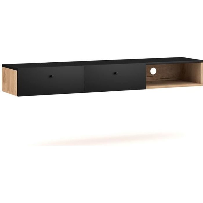 Meuble d'entrée - Console murale en bois coloris chêne artisan - noir mat - L.140 x P.30 x H.18 cm