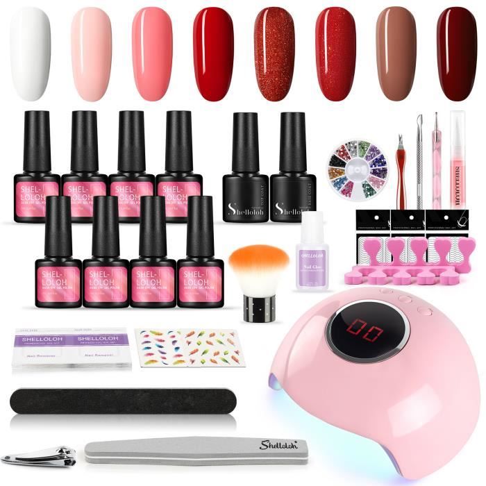 Shelloloh Kit Vernis Semi Permanent 8pc 24W UV/ LED Lampe Vernis Soak Off Polish Gel Décor Nail Art Limes Ouitls Manucure