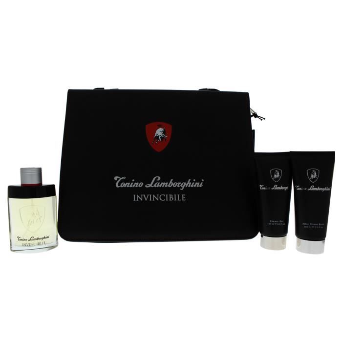 Invincibile par Tonino Lamborghini pour homme - Coffret cadeau 4 pièces 4,2 oz EDT Spray, 5 oz baume après-rasage, gel douche 5 oz,