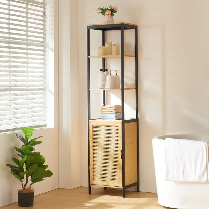 Meuble colonne de salle de bain Tervola MDF bambou rotin 172 x 40 x 35 cm noir naturel