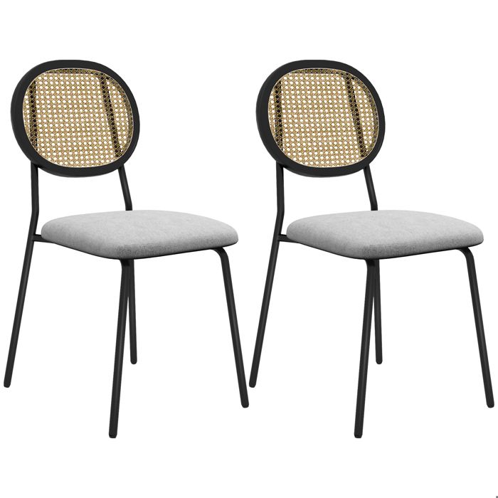 Lot de 2 chaises salle à manger - HOMCOM - style bohème - dossier en rotin tissu effet lin respirant - cadre en acier - gris