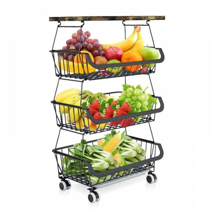 Chariot de rangement à 4 étagères en métal - ERROLVES - Noir - Corbeille de fruits style minimaliste avec roues - 40*30*72 CM