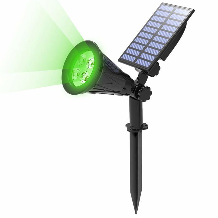 Lampe Projecteur Solaire Extérieur 4 LED - IP65 Panneau 17% Rendement Orientable 180°/90° Mural ou Piquet (Vert)