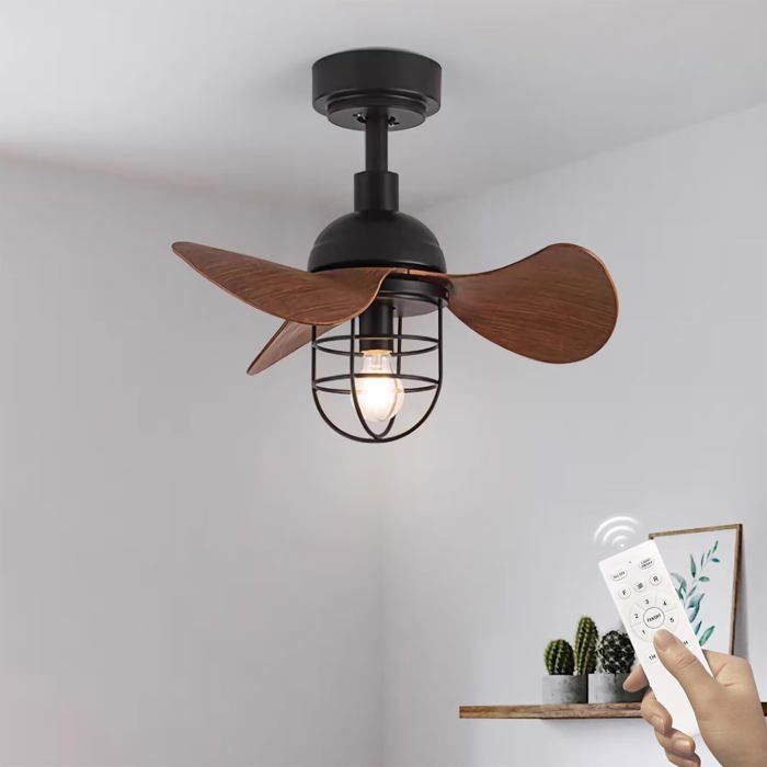 Lrenjon Ventilateur De Plafond Silencieux Avec Lumière Et Télécommande, Lampe Plafonnier Grain De Bois 3 Pales, Noir Métal Fer Cage Petit E27 Pour Chambre Salon