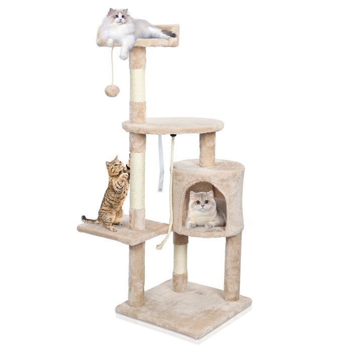 Meilleurs prix pour UKING-Arbre à chat 40 x 40 x 114cm - 3 plateformes 1 corde 1 niche  poteaux à griffer - Beige