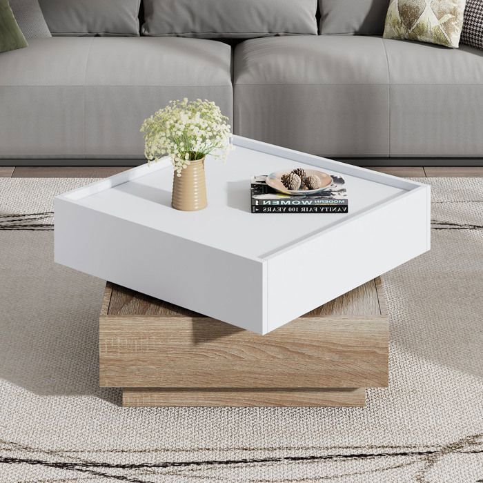 Table Basse Fonctionnelle pour Salon - Plateau pivotant à 360° - Table dappoint avec 2 Tiroirs - 60x60x38cm - Blanc