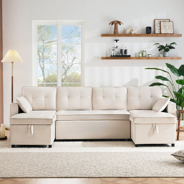 Canapé d'angle convertible - avec coffre et ports usb, 3 places avec éclairage led, poches latérales, tissu beige, 208×146×89,5 cm