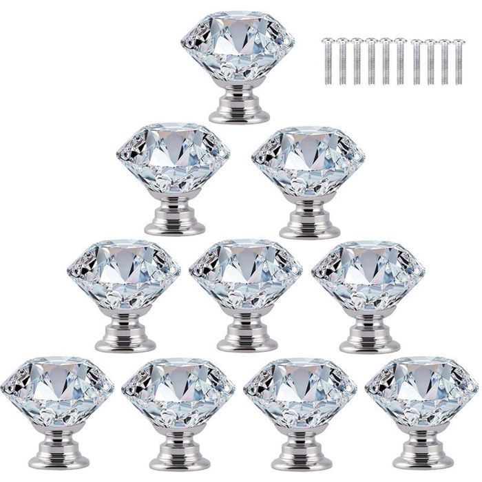 10 pcs Poignée Bouton de Porte Placard Meuble Tiroir Armoire 30mm Diamant de Verre Cristal avec Vis - Transparent