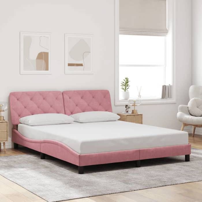 Cadre de lit en velours - UU - 160x200 cm - Rose - Velours doux - Tête de lit rembourrée - Design ondulé