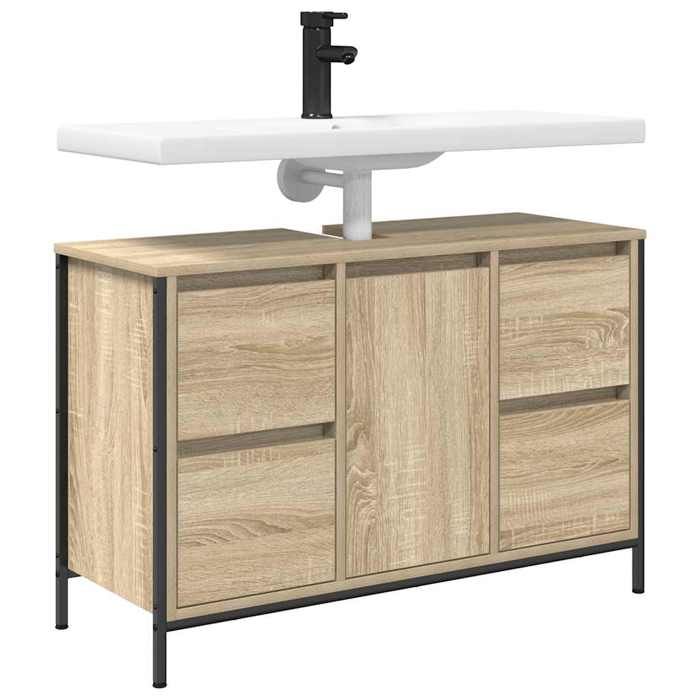 Meuble sous-vasque avec tiroirs - WIENS - Chêne sonoma - 90x345x60 cm - 4 tiroirs - 1 porte - 1 étagère