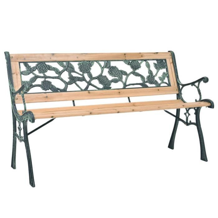 Banc de jardin en bois - Happiness - 122 cm - Bois et fer forgé - Dossier en PVC - Capacité 110 kg