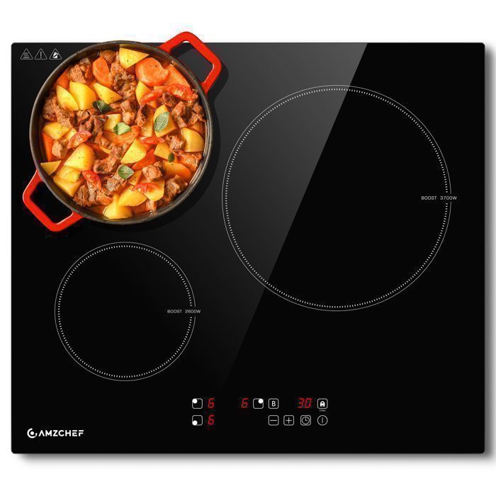 AMZCHEF Plaque induction 3 foyers 7400W 9 niveaux de puissance avec 3 boosters minuteur 3 heures plaque de cuisson