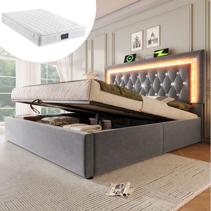 MEUBLIV Lit coffre lit enfant 140x200 cm avec LED ports USB et Type-C velours gris avec matelas