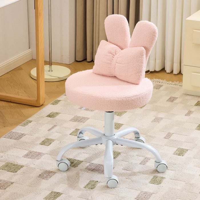 Chaise de bureau - Fauteuil coiffeuse pivotant - Réglable en hauteur - Oreilles de lapin - Velours teddy rose