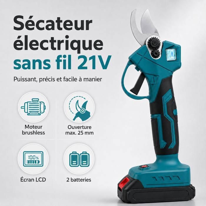 Sécateur électrique sans fil de 25 mm sécateur de jardin avec écran LCD 2 batteries 21 V 1200 mAh Lames SK5 Sécateur Électrique