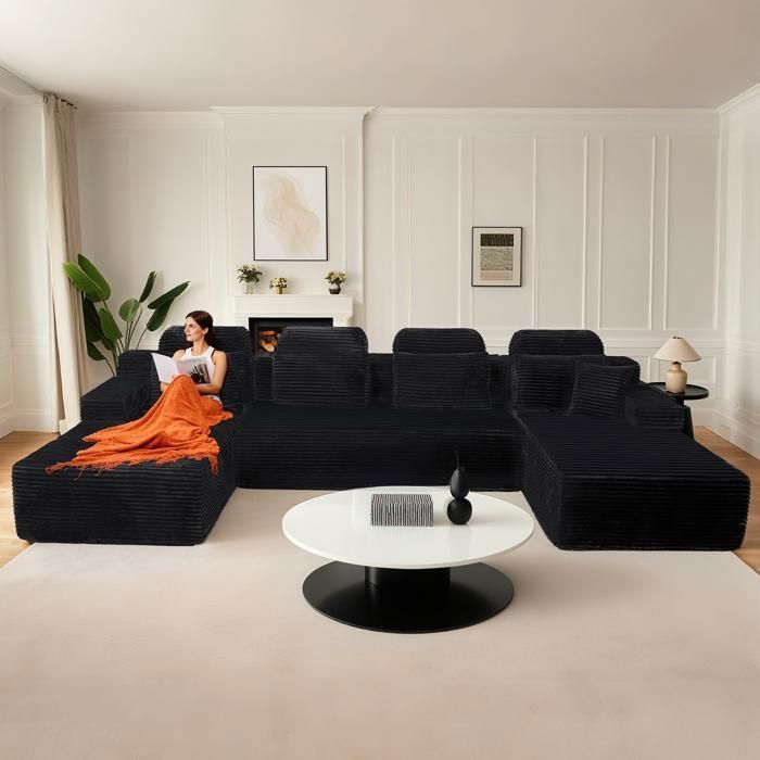 Canapé modulaire super grand en U avec 2 méridiennes confortable en velours côtelé mousse à mémoire de formesans assemblage Noir