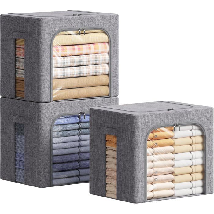 Lot de sacs de rangement pliables - LEVYS - 3 pièces - 40L - Gris clair - Cadre en acier - Fenêtres PVC transparentes