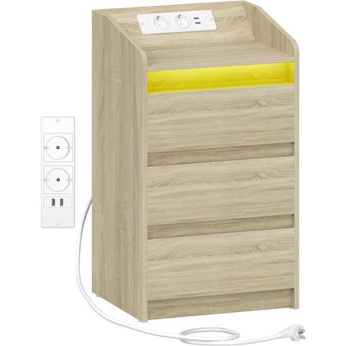 Table de Chevet avec 3 Tiroirs Table dAppoint avec Station de Charge et LED 2 Prises CA et 2 Ports USB Couleur Chêne