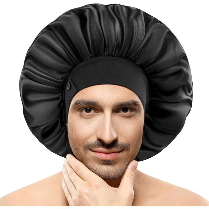 Bonnet de Nuit en Soie Grand pour Hommes - Double Couche à Ourlet Réglable - Tient Toute la Nuit sur Tresses et Boucles (Noir)