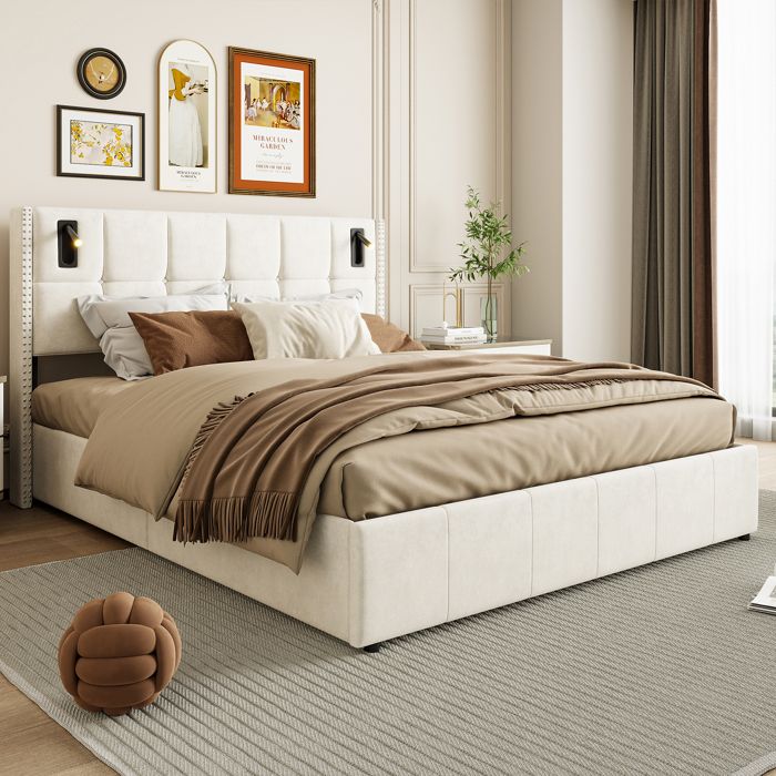 Lit Coffre 160x200 cm Velours Beige Sommier à Lattes Chambre Adulte
