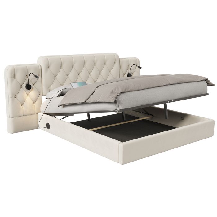 Muvoe Lit coffre velours 160x200 - Élora - Lit double rembourré - Tête de lit élargie - Lampe et USB - Sommier hydraulique - Beige