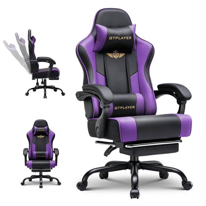 Chaise Gaming Ergonomique - GTPLAYER - GTPLAYER - Repose-pieds escamotable - Support lombaire réglable - 180 kg - Violet