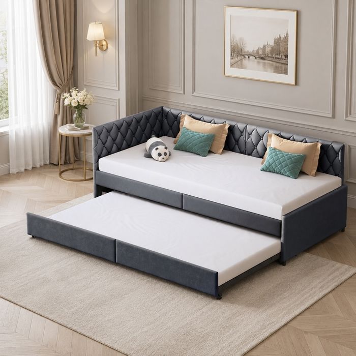 Canapé lit gigogne 90x200 cm - 2 en 1 Canapé lit convertible avec sommier à Lattes - Canapé lit capitonné extensible - Velours Gris