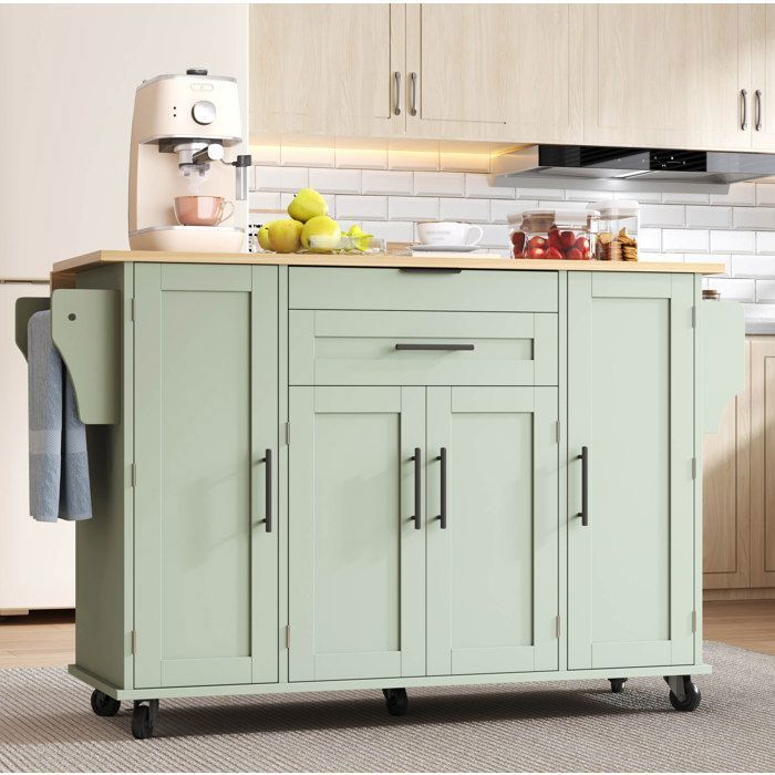 Desserte de Cuisine 4 Portes 2 Tiroirs Plateau Extensible et Étagères Réglables - ELVMI - Vert Antique 136×70×92 cm
