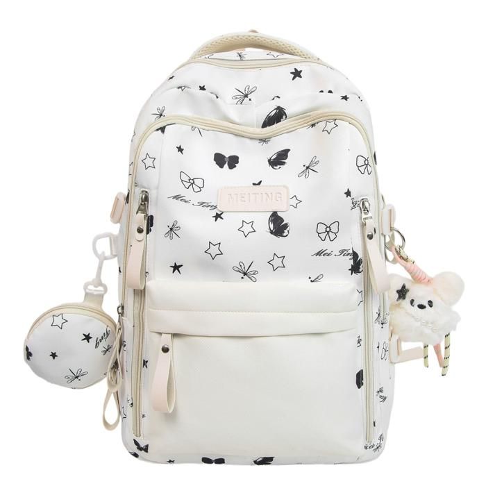 XJYDNCG Cartable Fille Primaire - Imperméable Multi - Poches Accessoire Peluche - 45x31x17cm - Blanc