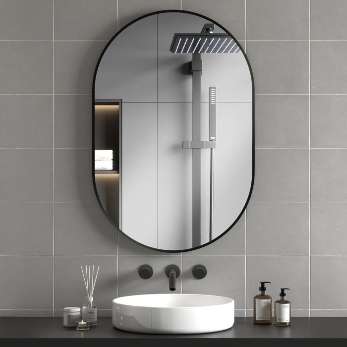 Miroir ovale mural cadre en aluminium style minimaliste montage vertical ou horizontal avec 3 crochets 60 x 90 cm noir
