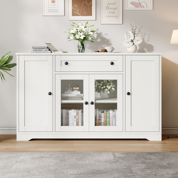 Buffet Vitré Blanc 4 Portes 1 Tiroir Bahut 6 Compartiments Réglables MDF 138 × 40 × 83 cm