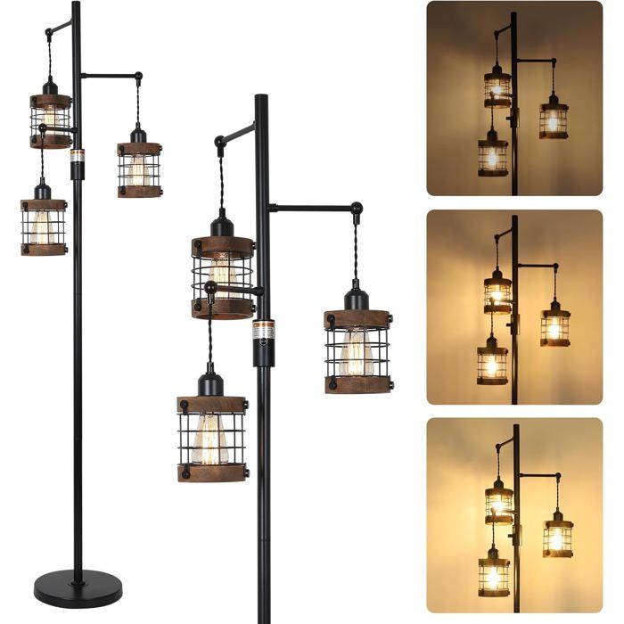 Lampe Sur Pied Réglable À 3 Lumières Vintage Avec Abat-Jour En Bois[RD176]