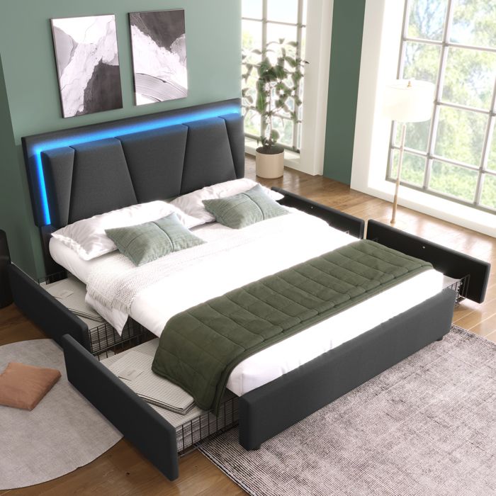 VIVA Lit 140x200 gris LED RGB 4 tiroirs coffre tete de lit reglable hauteur sommier bois sans matelas VIVA Lit 140x200 gris LED RGB 4 tiroirs coffre tete de lit reglable hauteur sommier bois sans matelas