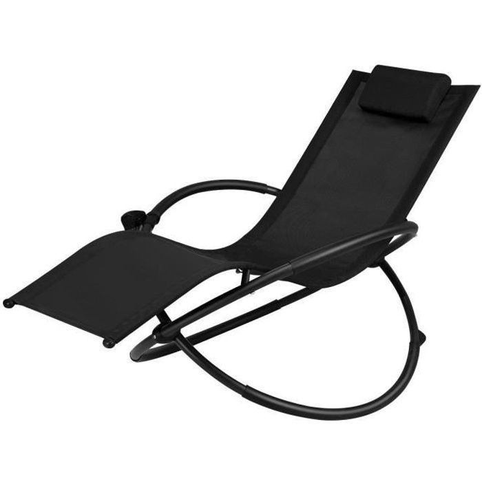 costway chaise longue à bascule de jardin extérieure avec coussin repose-tête amovible et porte-gobelet, accoudoir incurvé, noir