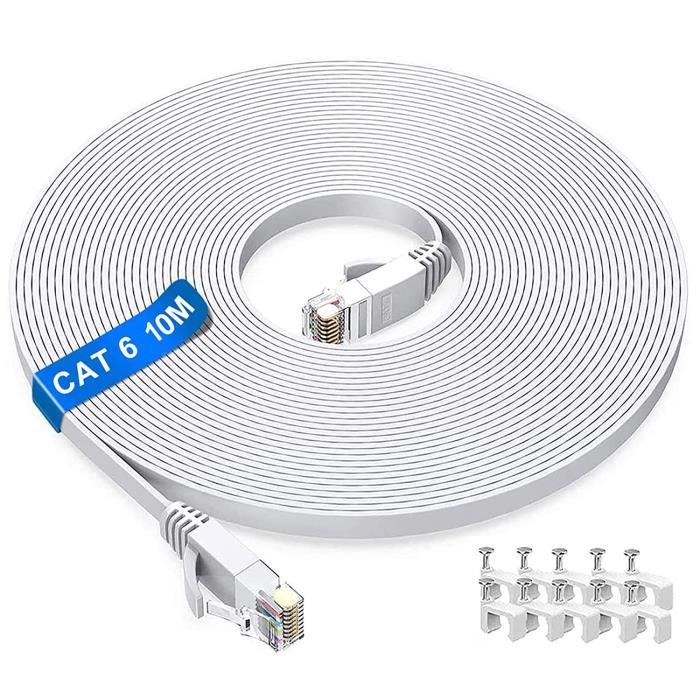 Cat 6 Câble 10m, Plat RJ45 Câble Réseau 10 mètres, Gigabit