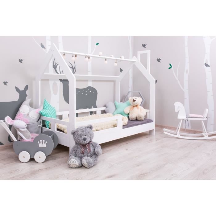 Structure De Lit Enfant En Bois Massif Cabane G 80 X 160 Cm Avec Sommier Couleur Blanc Cdiscount Maison