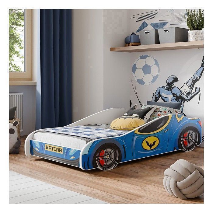Lit Enfant Voiture De Course - 140x70 Cm - Avec Matelas Mousse 5 Cm - Bleu - Sommier Lattes - Pour Chambre D'Enfant